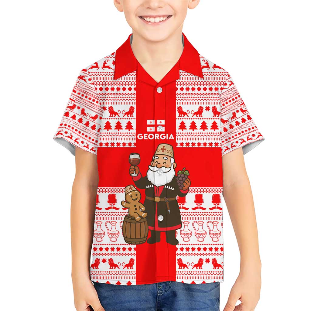 Georgia Christmas Kid Hawaiian Shirt with Santa in Chokha Wine Barrel Gingerbread and Coat of Arms Design - Wonder Print Shop