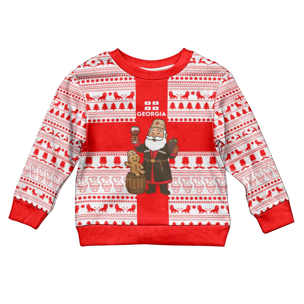 Georgia Christmas Kid Ugly Christmas Sweater with Santa in Chokha Wine Barrel Gingerbread and Coat of Arms Design - Wonder Print Shop