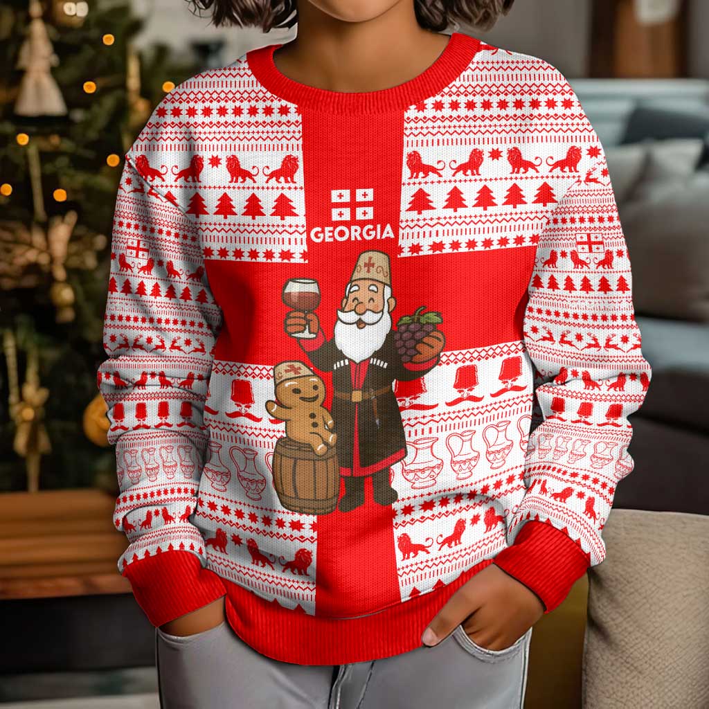 Georgia Christmas Kid Ugly Christmas Sweater with Santa in Chokha Wine Barrel Gingerbread and Coat of Arms Design - Wonder Print Shop