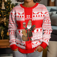 Georgia Christmas Kid Ugly Christmas Sweater with Santa in Chokha Wine Barrel Gingerbread and Coat of Arms Design - Wonder Print Shop