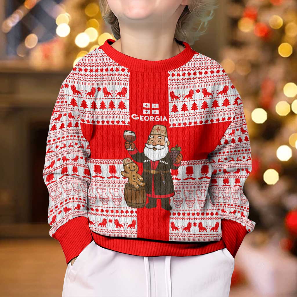 Georgia Christmas Kid Ugly Christmas Sweater with Santa in Chokha Wine Barrel Gingerbread and Coat of Arms Design - Wonder Print Shop