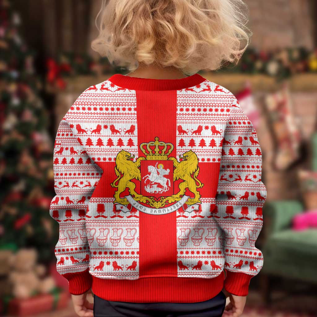 Georgia Christmas Kid Ugly Christmas Sweater with Santa in Chokha Wine Barrel Gingerbread and Coat of Arms Design - Wonder Print Shop