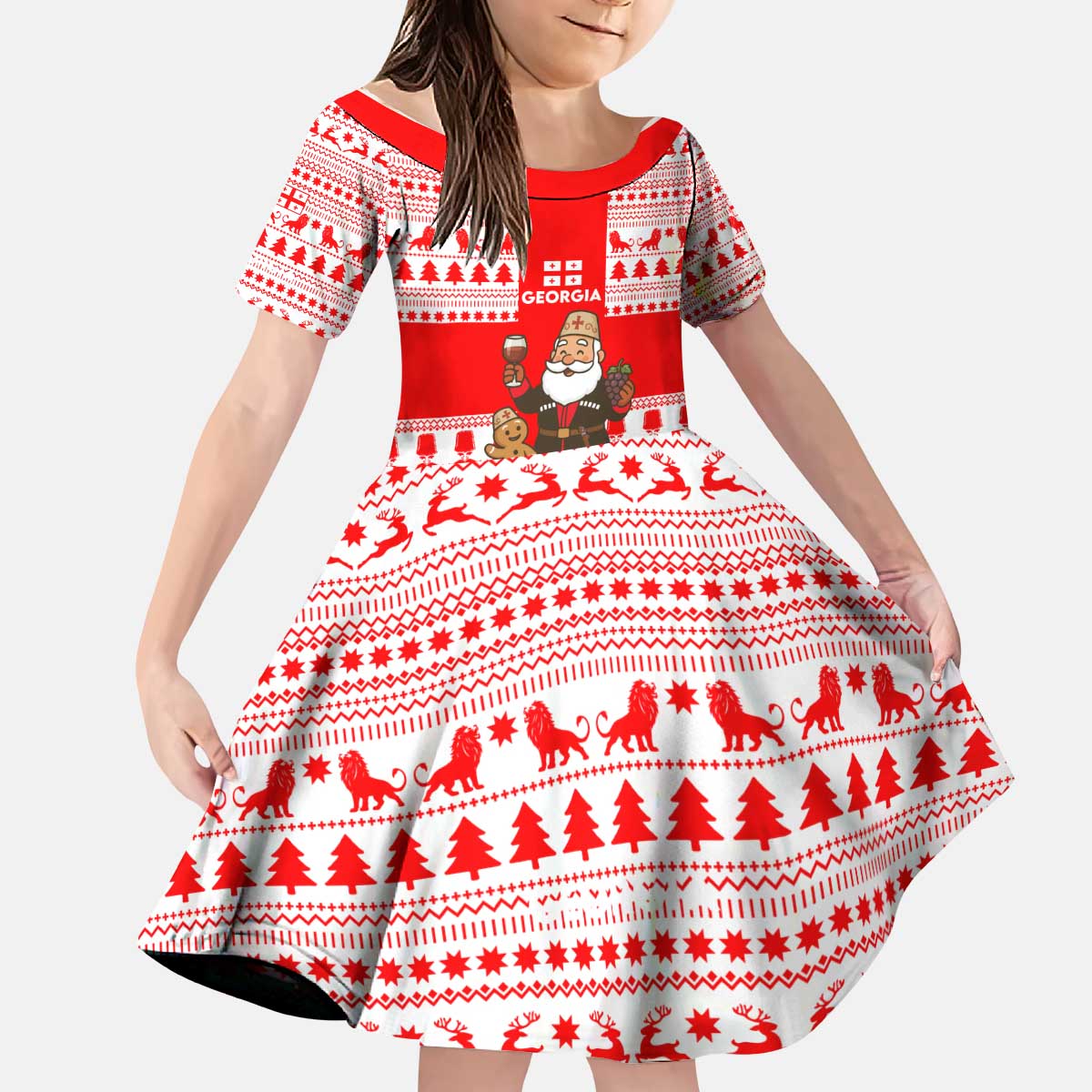 Georgia Christmas Kid Short Sleeve Dress with Santa in Chokha Wine Barrel Gingerbread and Coat of Arms Design - Wonder Print Shop