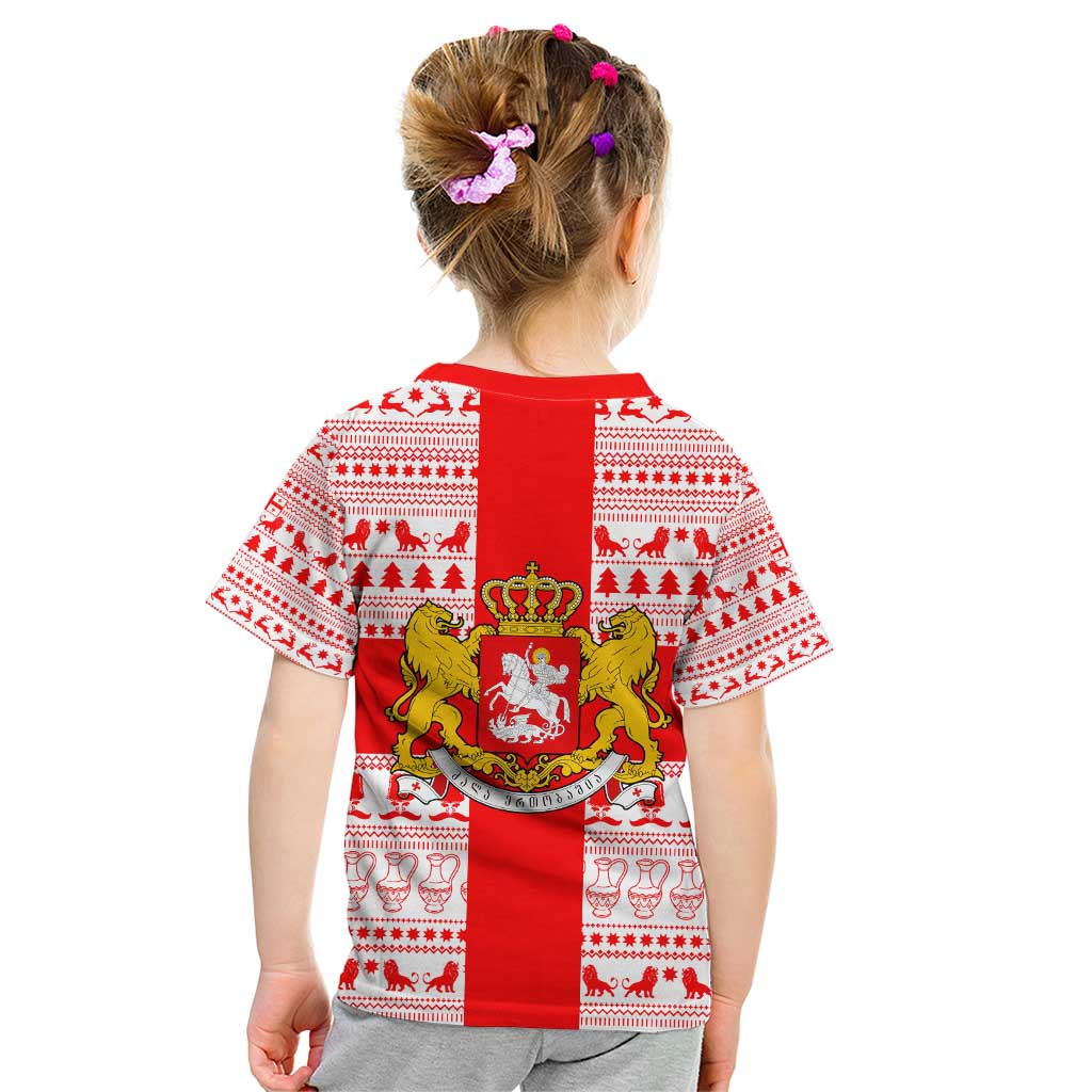 Georgia Christmas Kid T Shirt with Santa in Chokha Wine Barrel Gingerbread and Coat of Arms Design - Wonder Print Shop