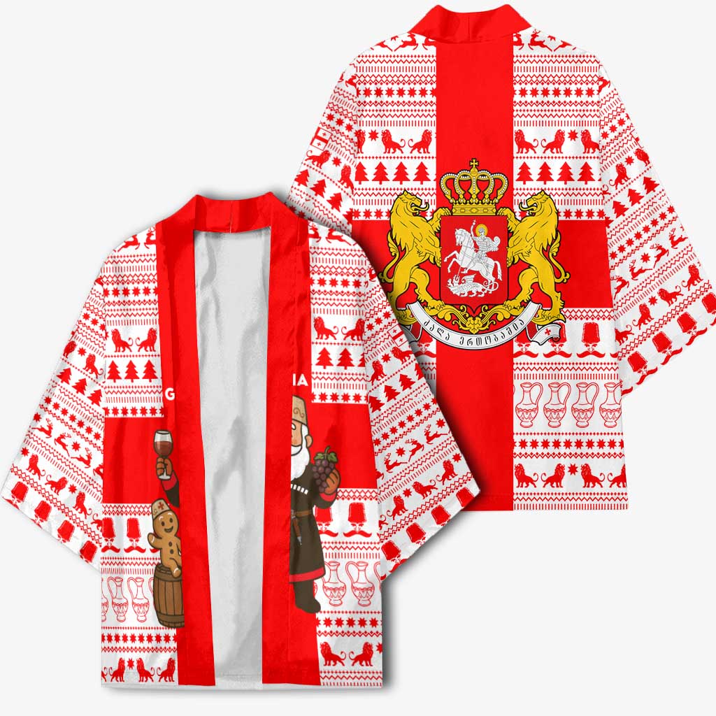 Georgia Christmas Kimono with Santa in Chokha Wine Barrel Gingerbread and Coat of Arms Design - Wonder Print Shop