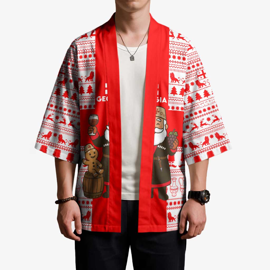 Georgia Christmas Kimono with Santa in Chokha Wine Barrel Gingerbread and Coat of Arms Design - Wonder Print Shop