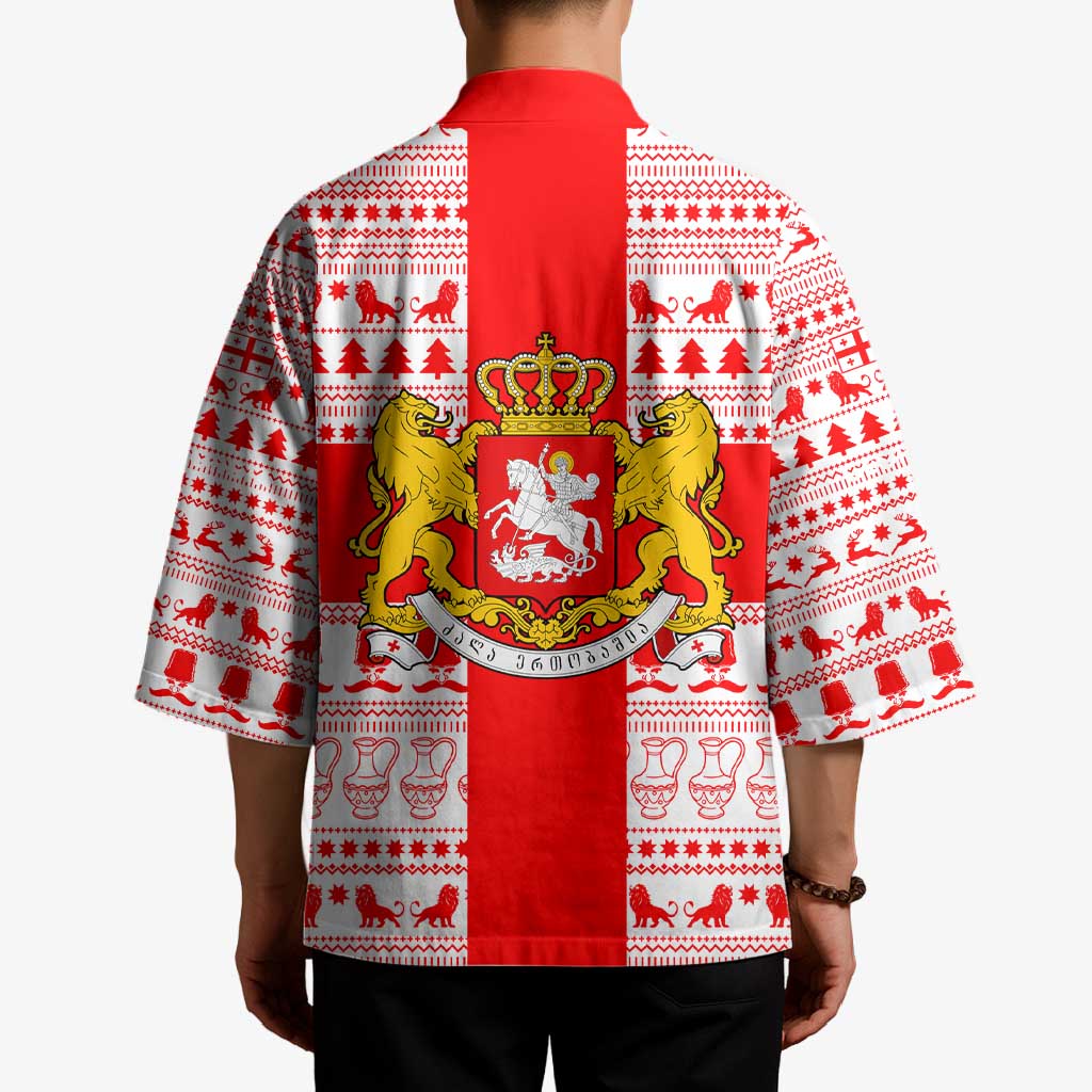 Georgia Christmas Kimono with Santa in Chokha Wine Barrel Gingerbread and Coat of Arms Design - Wonder Print Shop