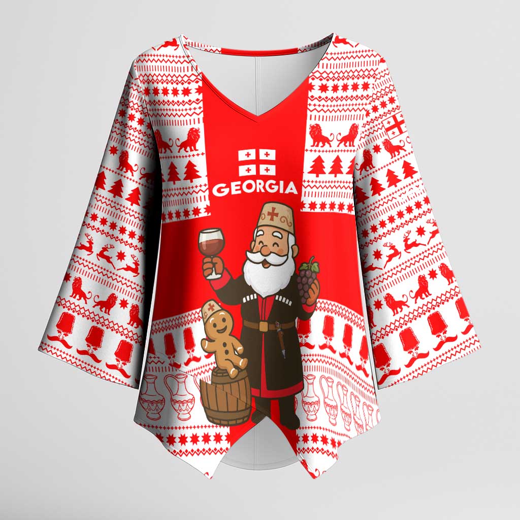 Georgia Christmas Kimono Sleeve Blouse with Santa in Chokha Wine Barrel Gingerbread and Coat of Arms Design - Wonder Print Shop