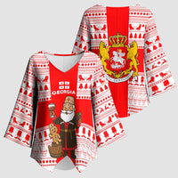 Georgia Christmas Kimono Sleeve Blouse with Santa in Chokha Wine Barrel Gingerbread and Coat of Arms Design - Wonder Print Shop