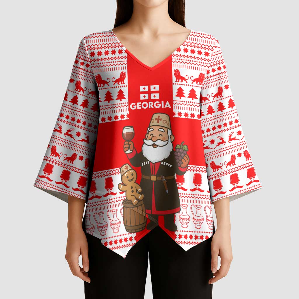 Georgia Christmas Kimono Sleeve Blouse with Santa in Chokha Wine Barrel Gingerbread and Coat of Arms Design - Wonder Print Shop