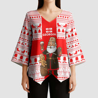 Georgia Christmas Kimono Sleeve Blouse with Santa in Chokha Wine Barrel Gingerbread and Coat of Arms Design - Wonder Print Shop