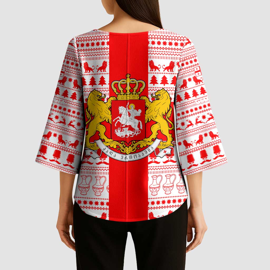 Georgia Christmas Kimono Sleeve Blouse with Santa in Chokha Wine Barrel Gingerbread and Coat of Arms Design - Wonder Print Shop