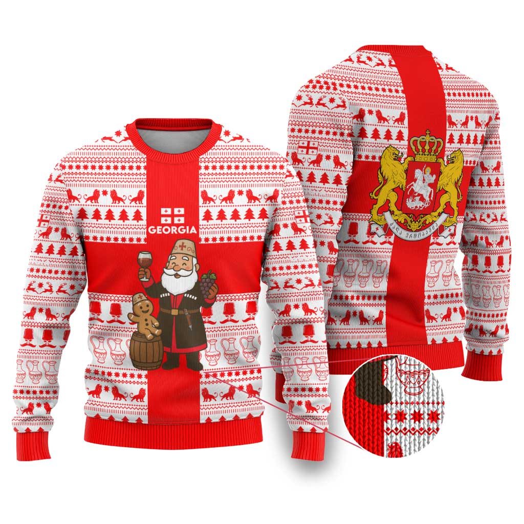 Georgia Christmas Ugly Christmas Sweater with Santa in Chokha Wine Barrel Gingerbread and Coat of Arms Design - Wonder Print Shop