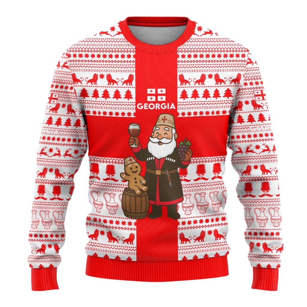 Georgia Christmas Ugly Christmas Sweater with Santa in Chokha Wine Barrel Gingerbread and Coat of Arms Design - Wonder Print Shop