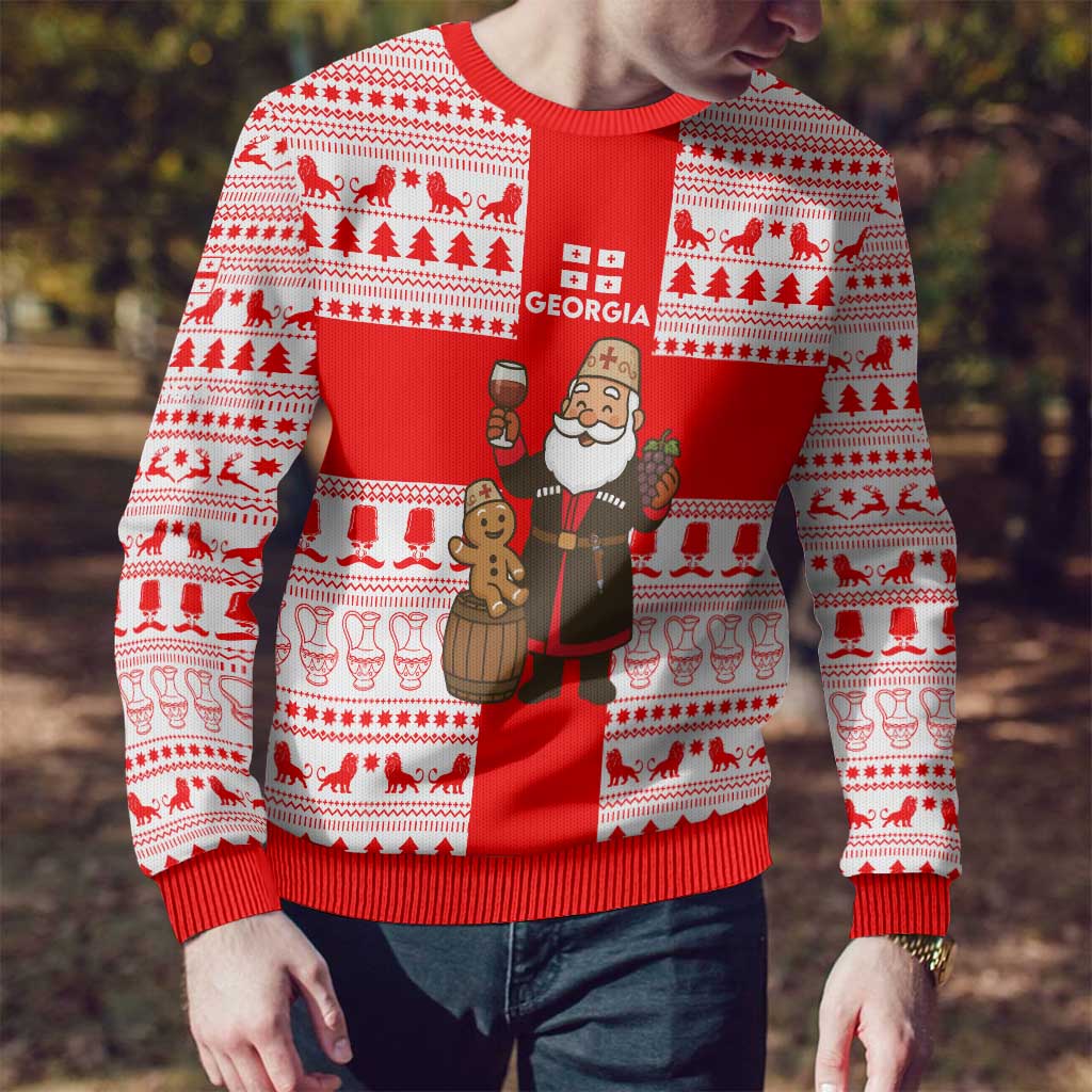 Georgia Christmas Ugly Christmas Sweater with Santa in Chokha Wine Barrel Gingerbread and Coat of Arms Design - Wonder Print Shop