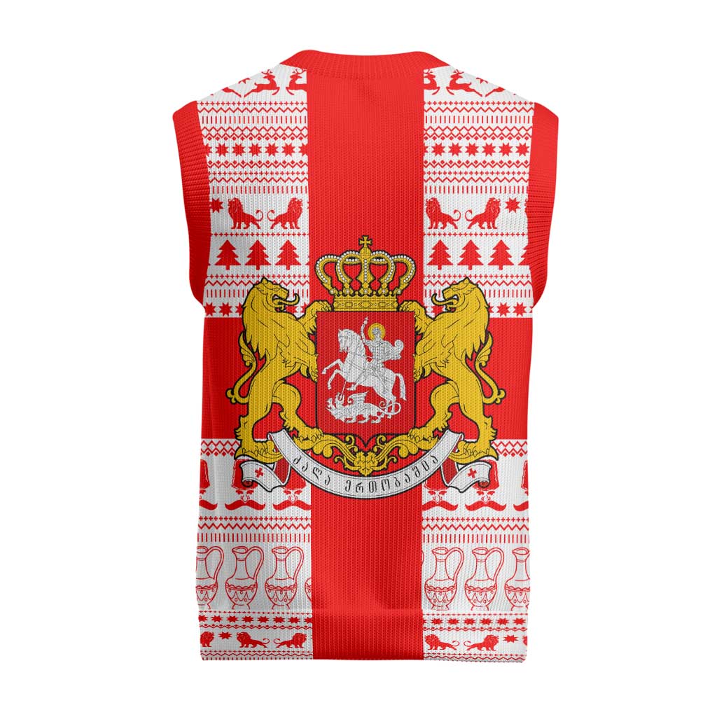 Georgia Christmas Knitted V-Neck Vest with Santa in Chokha Wine Barrel Gingerbread and Coat of Arms Design - Wonder Print Shop