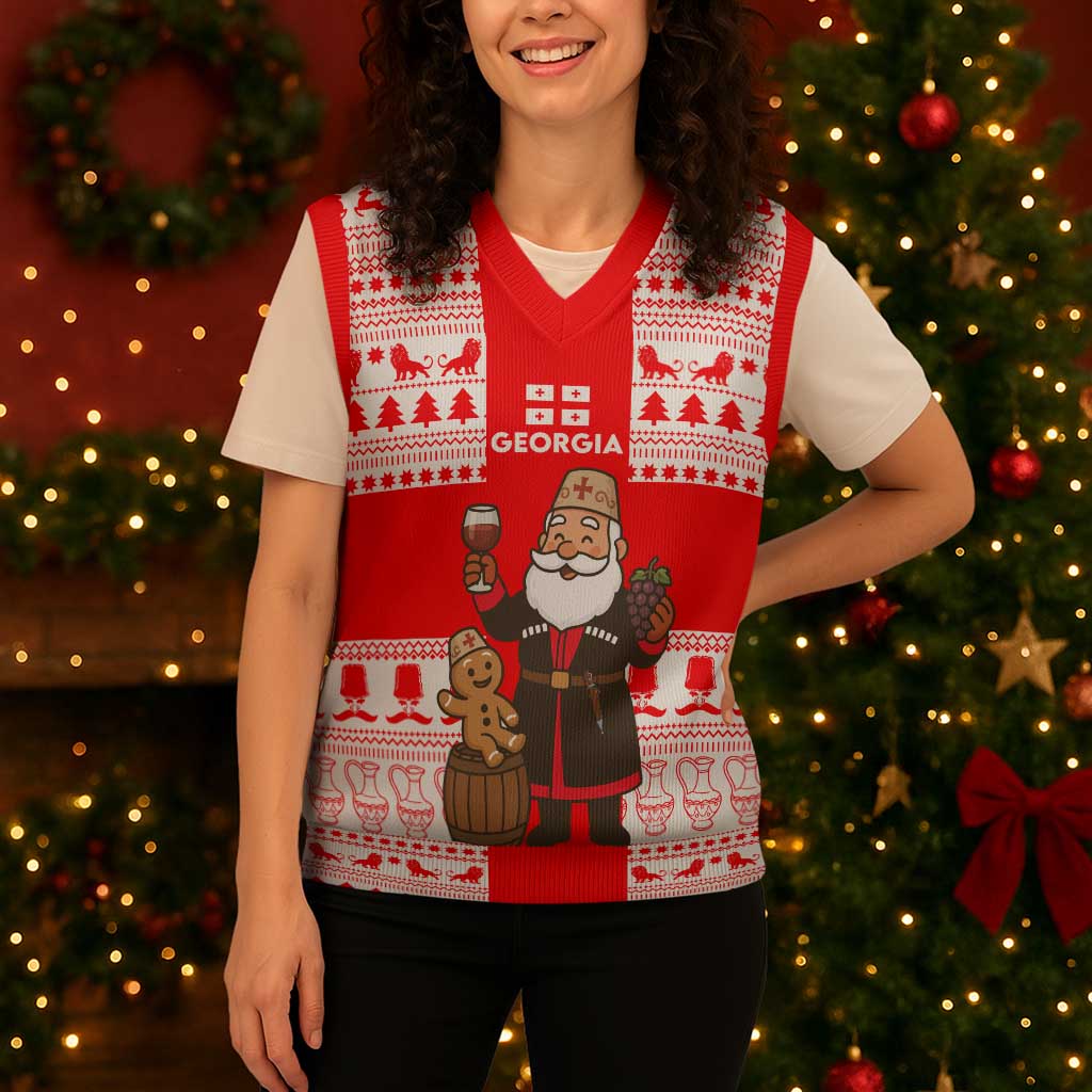 Georgia Christmas Knitted V-Neck Vest with Santa in Chokha Wine Barrel Gingerbread and Coat of Arms Design - Wonder Print Shop