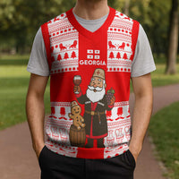 Georgia Christmas Knitted V-Neck Vest with Santa in Chokha Wine Barrel Gingerbread and Coat of Arms Design - Wonder Print Shop