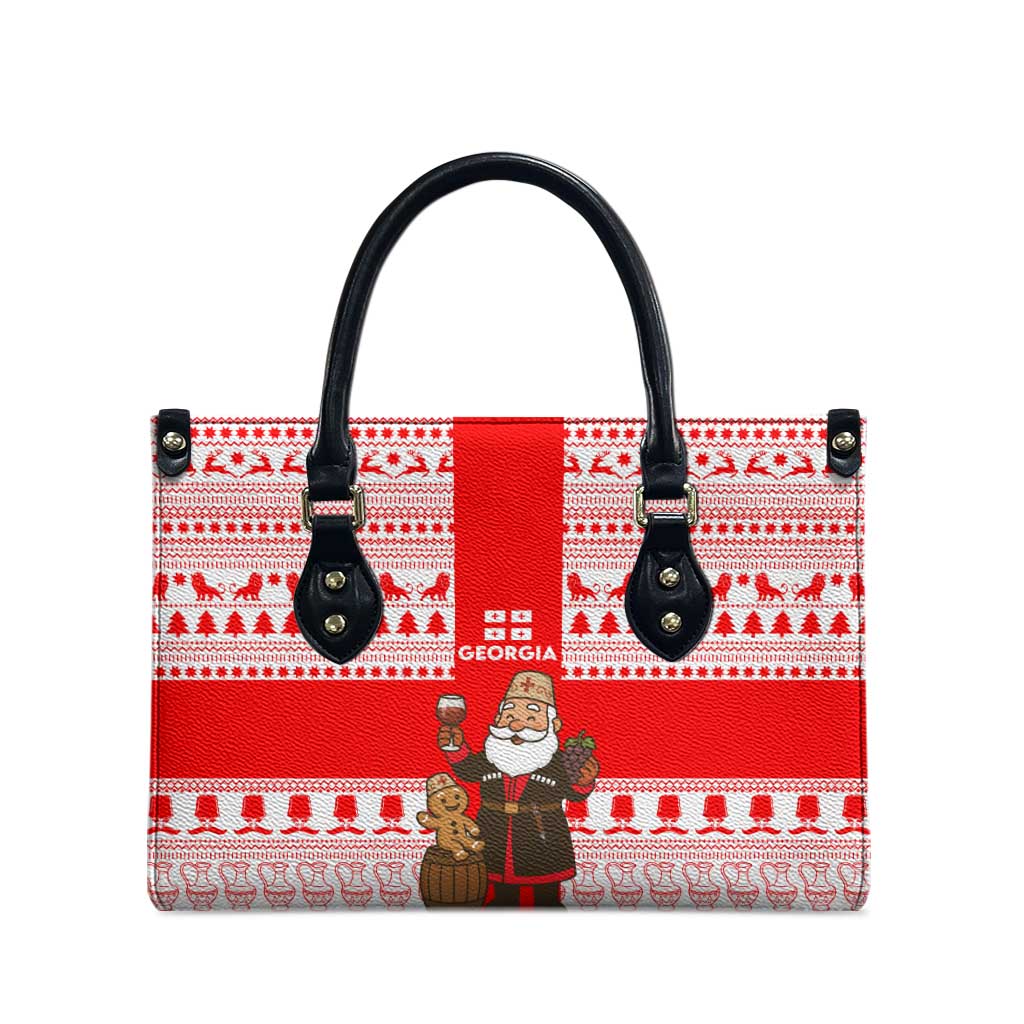 Georgia Christmas Leather Bag with Santa in Chokha Wine Barrel Gingerbread and Coat of Arms Design - Wonder Print Shop