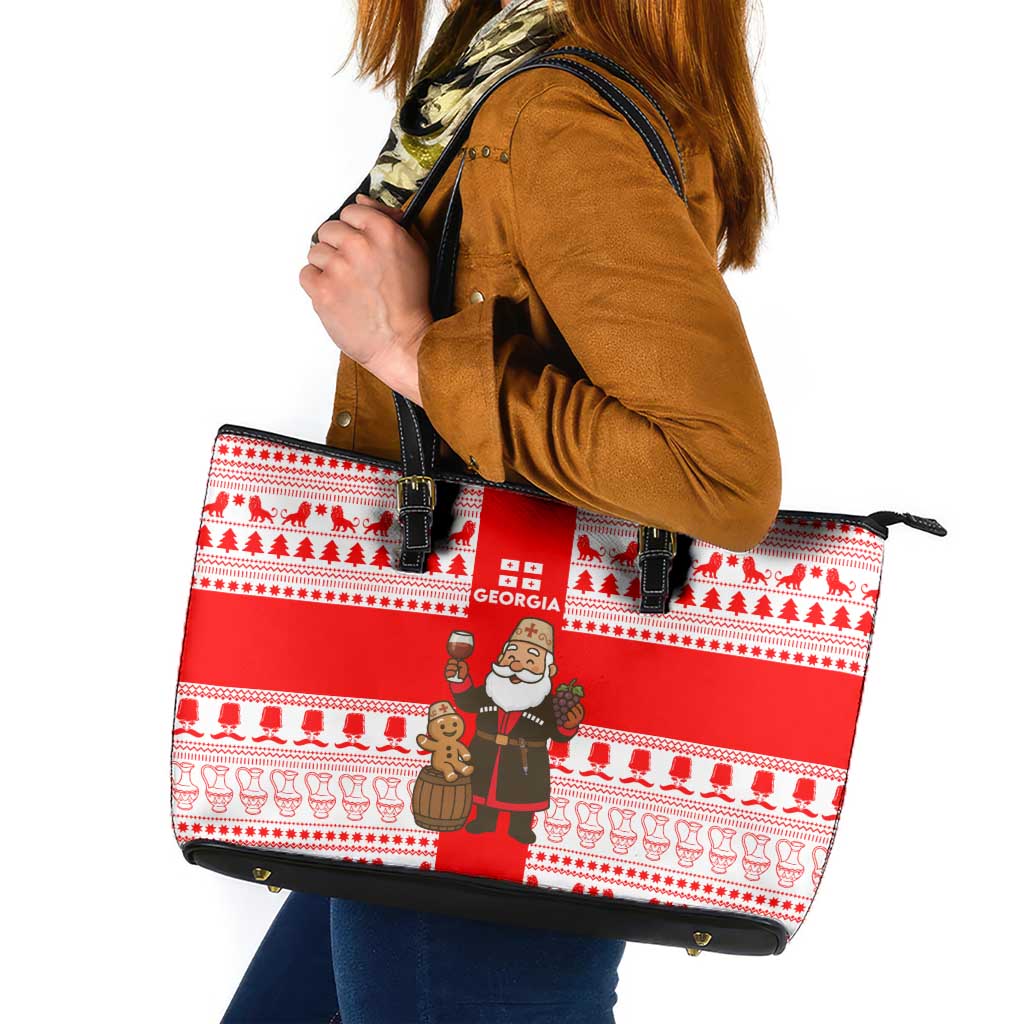 Georgia Christmas Leather Tote Bag with Santa in Chokha Wine Barrel Gingerbread and Coat of Arms Design - Wonder Print Shop