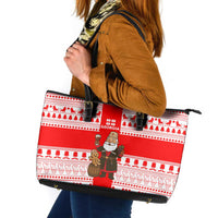 Georgia Christmas Leather Tote Bag with Santa in Chokha Wine Barrel Gingerbread and Coat of Arms Design - Wonder Print Shop