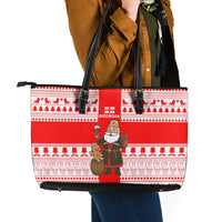Georgia Christmas Leather Tote Bag with Santa in Chokha Wine Barrel Gingerbread and Coat of Arms Design - Wonder Print Shop