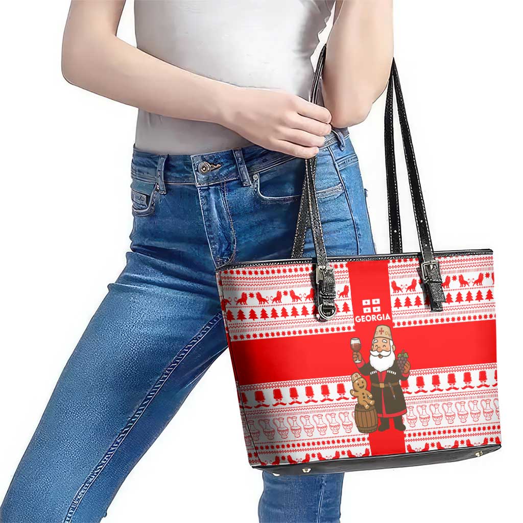 Georgia Christmas Leather Tote Bag with Santa in Chokha Wine Barrel Gingerbread and Coat of Arms Design - Wonder Print Shop