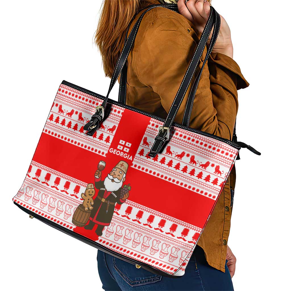Georgia Christmas Leather Tote Bag with Santa in Chokha Wine Barrel Gingerbread and Coat of Arms Design - Wonder Print Shop