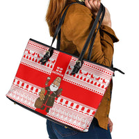Georgia Christmas Leather Tote Bag with Santa in Chokha Wine Barrel Gingerbread and Coat of Arms Design - Wonder Print Shop