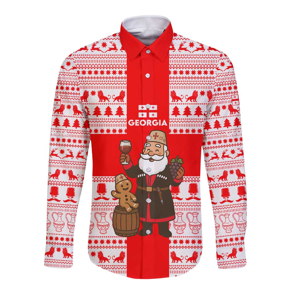 Georgia Christmas Long Sleeve Button Shirt with Santa in Chokha Wine Barrel Gingerbread and Coat of Arms Design - Wonder Print Shop