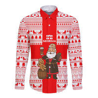 Georgia Christmas Long Sleeve Button Shirt with Santa in Chokha Wine Barrel Gingerbread and Coat of Arms Design - Wonder Print Shop