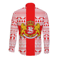 Georgia Christmas Long Sleeve Button Shirt with Santa in Chokha Wine Barrel Gingerbread and Coat of Arms Design - Wonder Print Shop