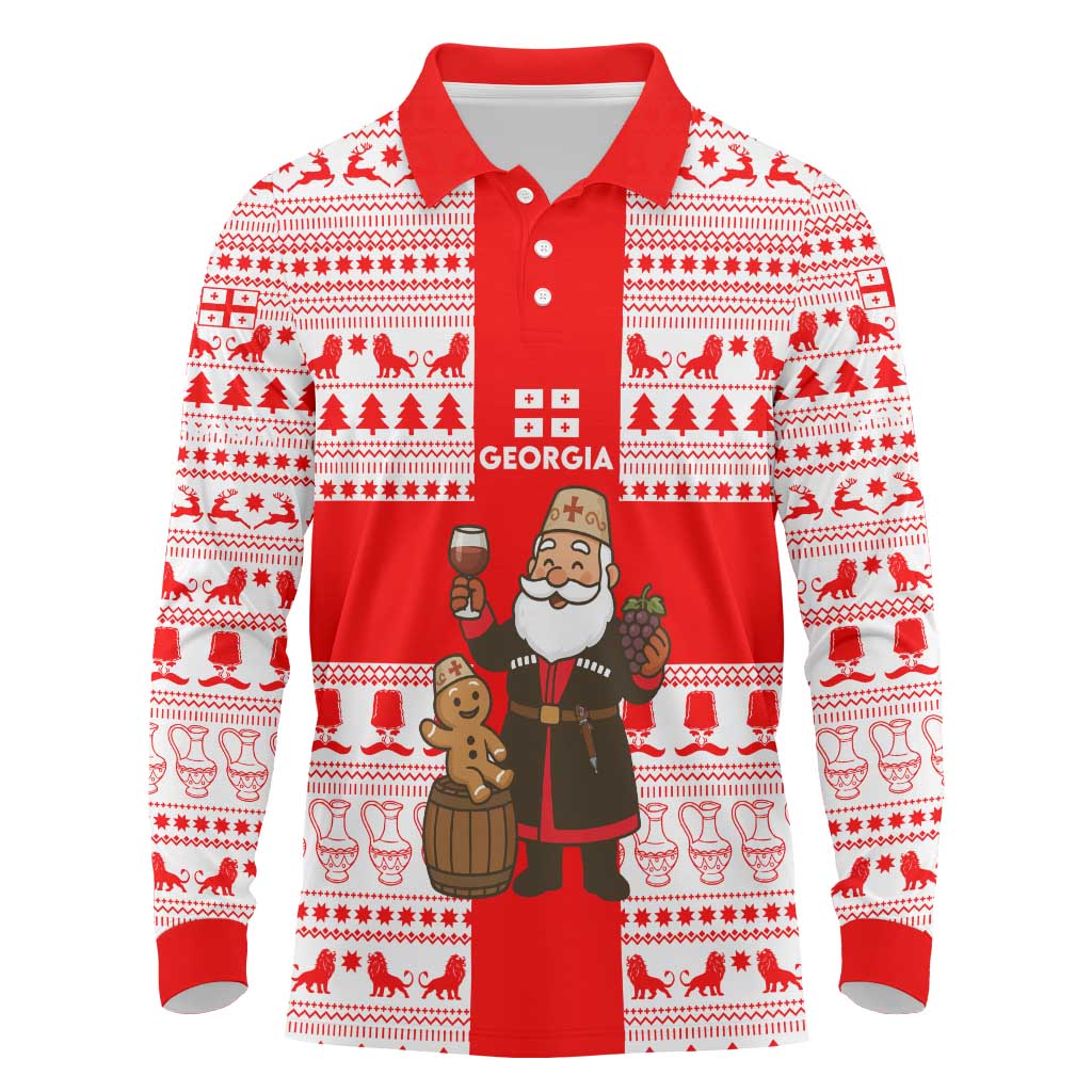Georgia Christmas Long Sleeve Polo Shirt with Santa in Chokha Wine Barrel Gingerbread and Coat of Arms Design - Wonder Print Shop