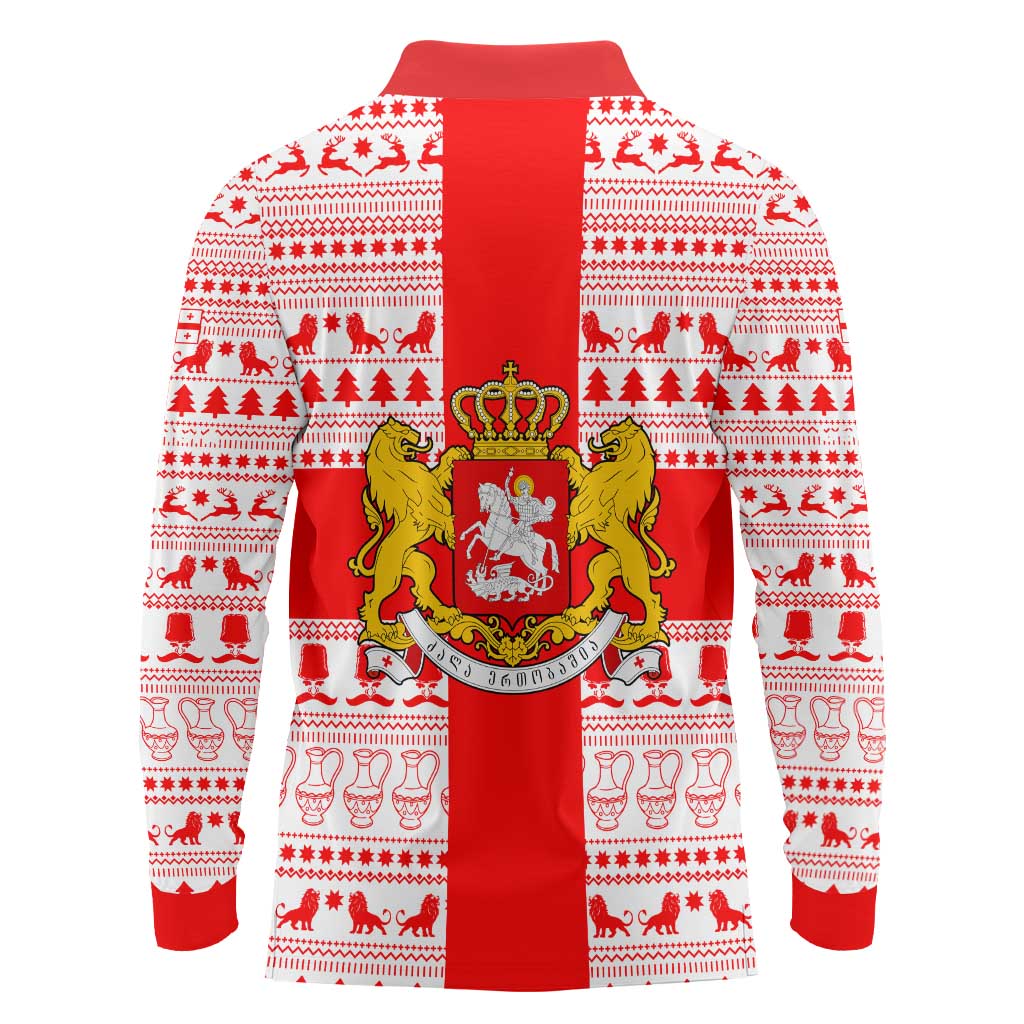 Georgia Christmas Long Sleeve Polo Shirt with Santa in Chokha Wine Barrel Gingerbread and Coat of Arms Design - Wonder Print Shop