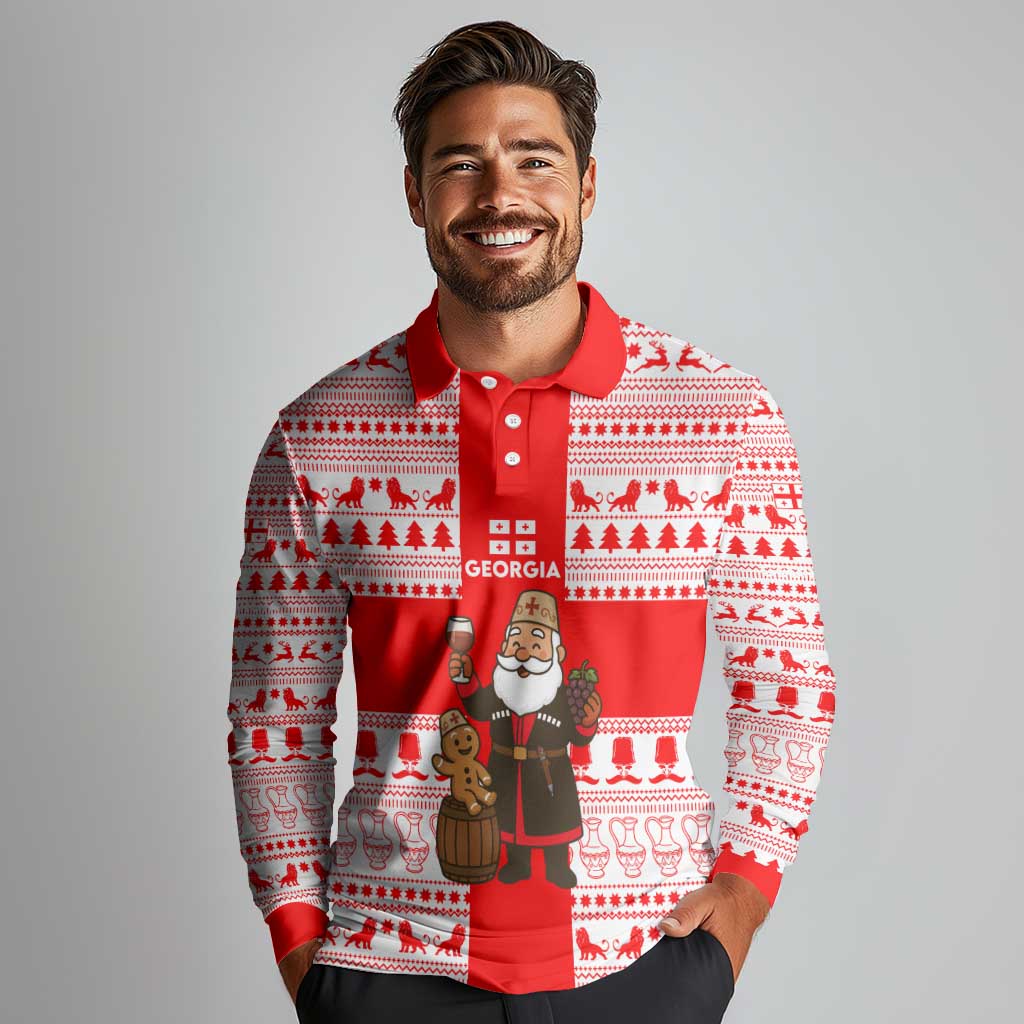 Georgia Christmas Long Sleeve Polo Shirt with Santa in Chokha Wine Barrel Gingerbread and Coat of Arms Design - Wonder Print Shop