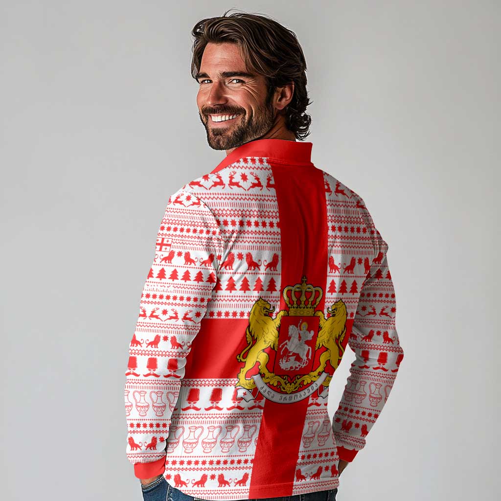 Georgia Christmas Long Sleeve Polo Shirt with Santa in Chokha Wine Barrel Gingerbread and Coat of Arms Design - Wonder Print Shop