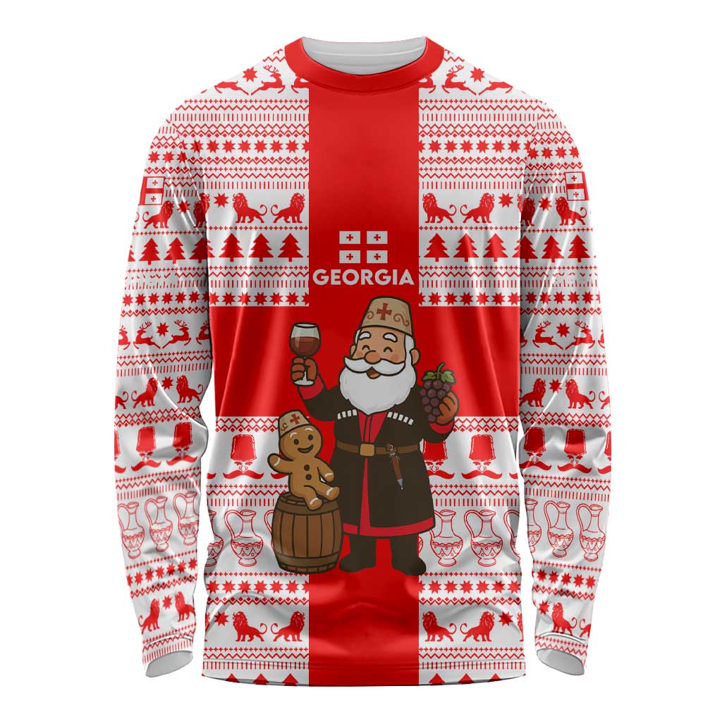 Georgia Christmas Long Sleeve Shirt with Santa in Chokha Wine Barrel Gingerbread and Coat of Arms Design - Wonder Print Shop