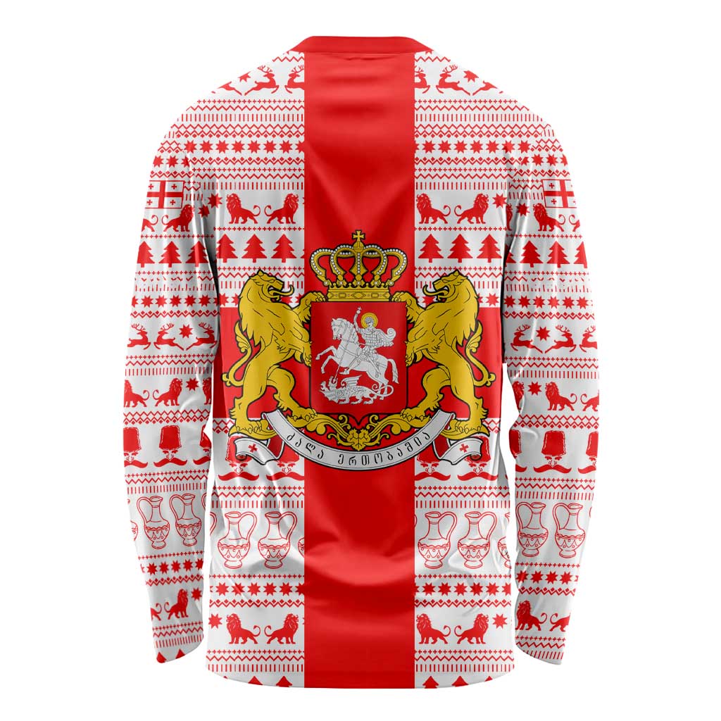 Georgia Christmas Long Sleeve Shirt with Santa in Chokha Wine Barrel Gingerbread and Coat of Arms Design - Wonder Print Shop