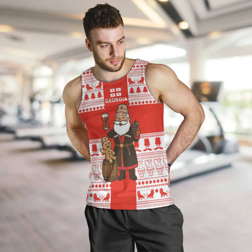 Georgia Christmas Men Tank Top with Santa in Chokha Wine Barrel Gingerbread and Coat of Arms Design - Wonder Print Shop