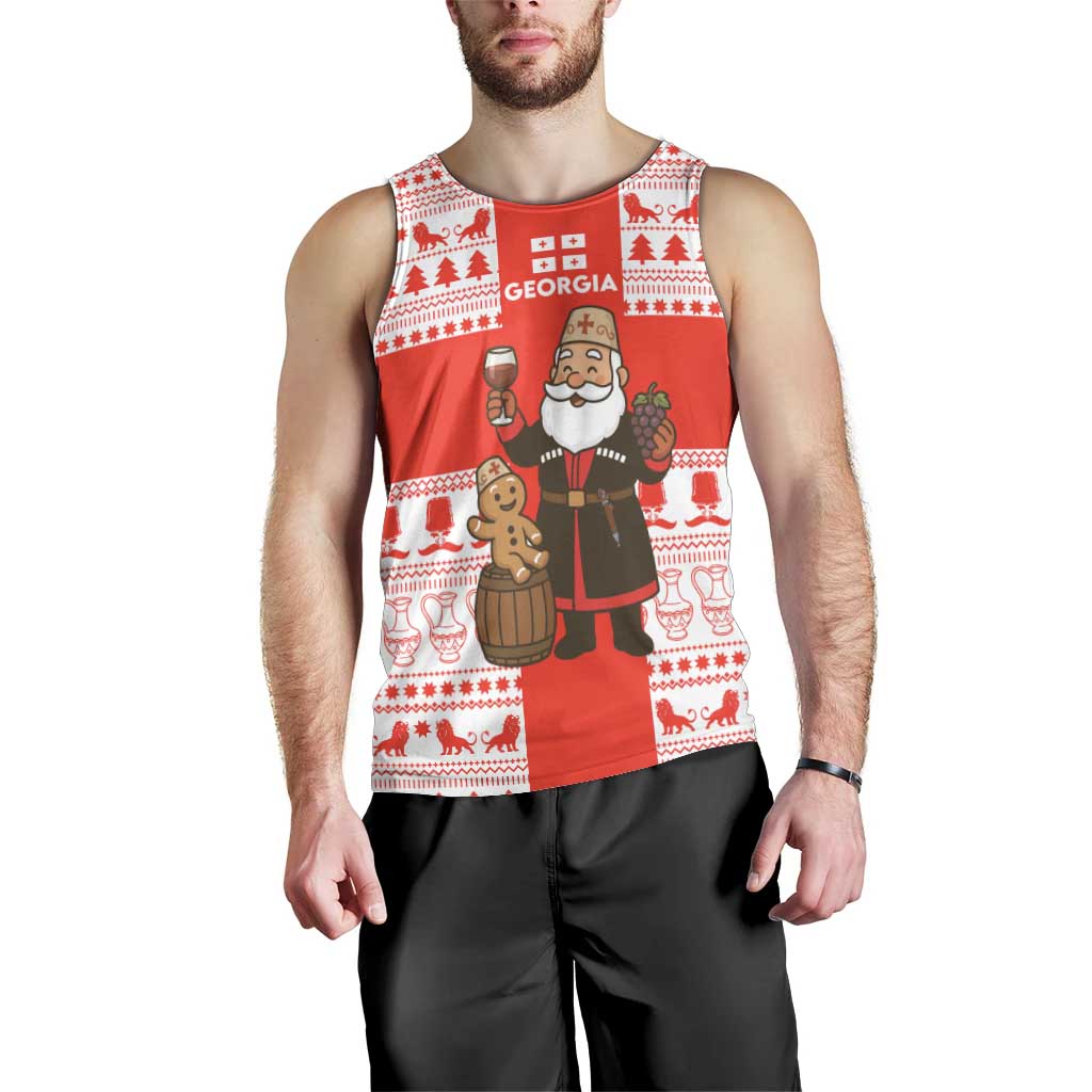 Georgia Christmas Men Tank Top with Santa in Chokha Wine Barrel Gingerbread and Coat of Arms Design - Wonder Print Shop