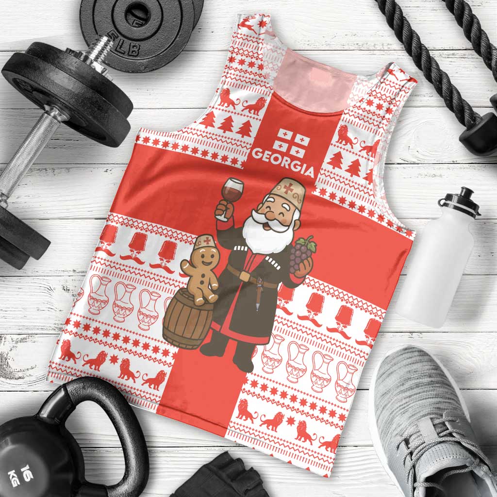Georgia Christmas Men Tank Top with Santa in Chokha Wine Barrel Gingerbread and Coat of Arms Design - Wonder Print Shop