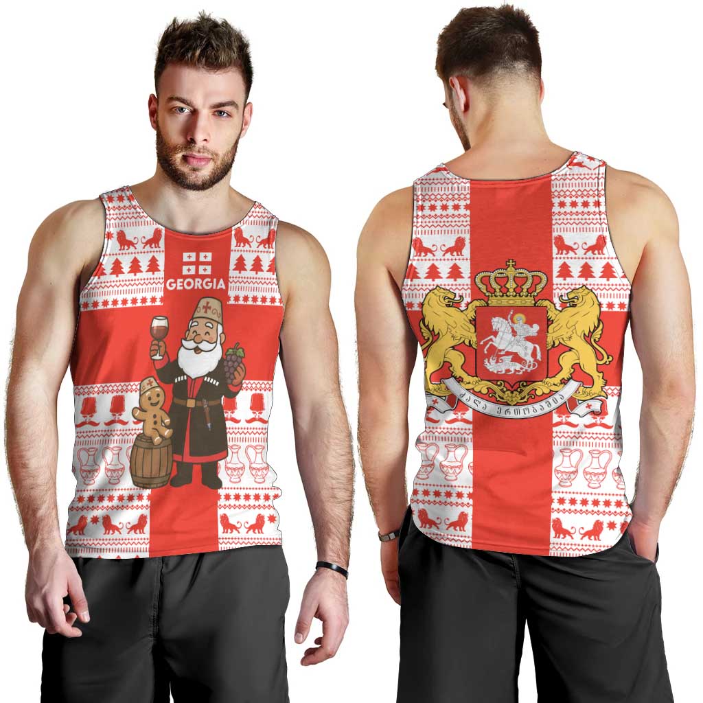 Georgia Christmas Men Tank Top with Santa in Chokha Wine Barrel Gingerbread and Coat of Arms Design - Wonder Print Shop