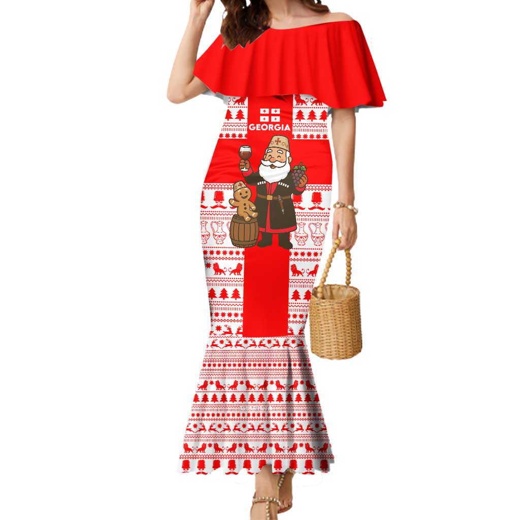 Georgia Christmas Mermaid Dress with Santa in Chokha Wine Barrel Gingerbread and Coat of Arms Design - Wonder Print Shop
