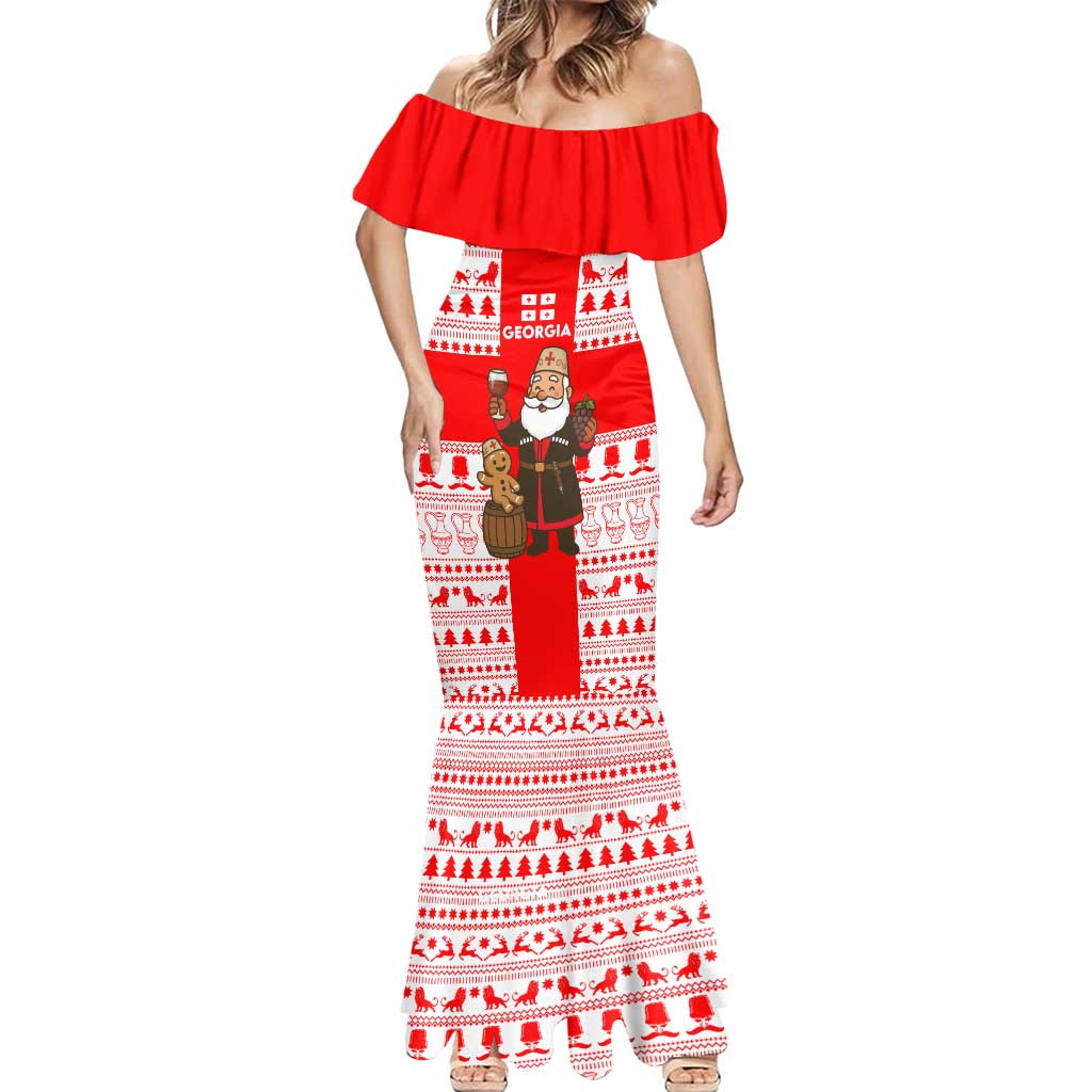 Georgia Christmas Mermaid Dress with Santa in Chokha Wine Barrel Gingerbread and Coat of Arms Design - Wonder Print Shop