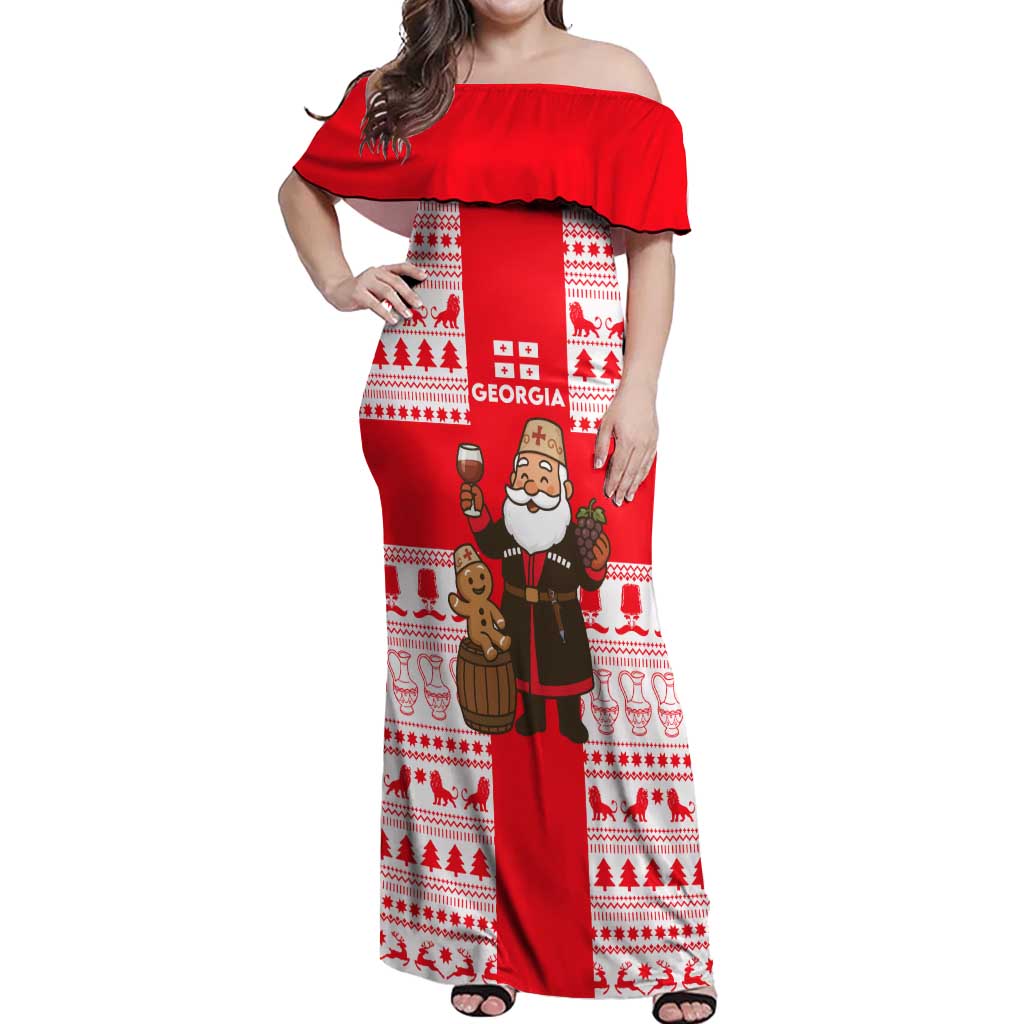 Georgia Christmas Off Shoulder Maxi Dress with Santa in Chokha Wine Barrel Gingerbread and Coat of Arms Design - Wonder Print Shop
