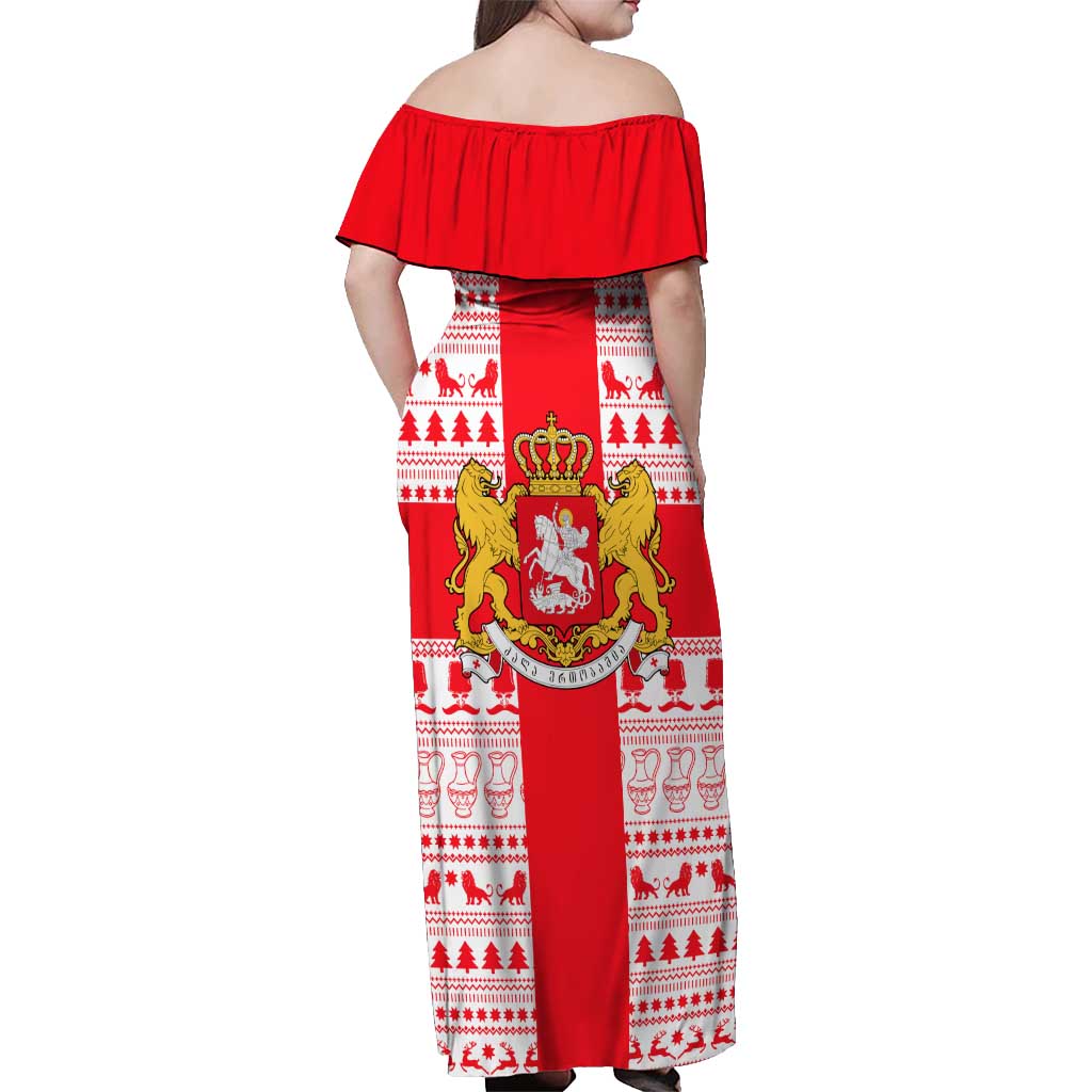 Georgia Christmas Off Shoulder Maxi Dress with Santa in Chokha Wine Barrel Gingerbread and Coat of Arms Design - Wonder Print Shop