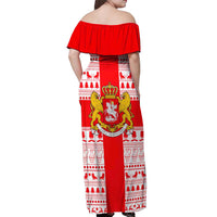 Georgia Christmas Off Shoulder Maxi Dress with Santa in Chokha Wine Barrel Gingerbread and Coat of Arms Design - Wonder Print Shop