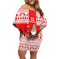 Georgia Christmas Off Shoulder Short Dress with Santa in Chokha Wine Barrel Gingerbread and Coat of Arms Design - Wonder Print Shop