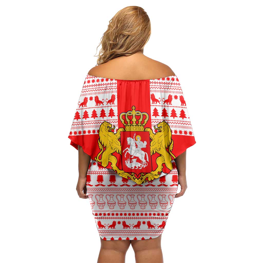 Georgia Christmas Off Shoulder Short Dress with Santa in Chokha Wine Barrel Gingerbread and Coat of Arms Design - Wonder Print Shop