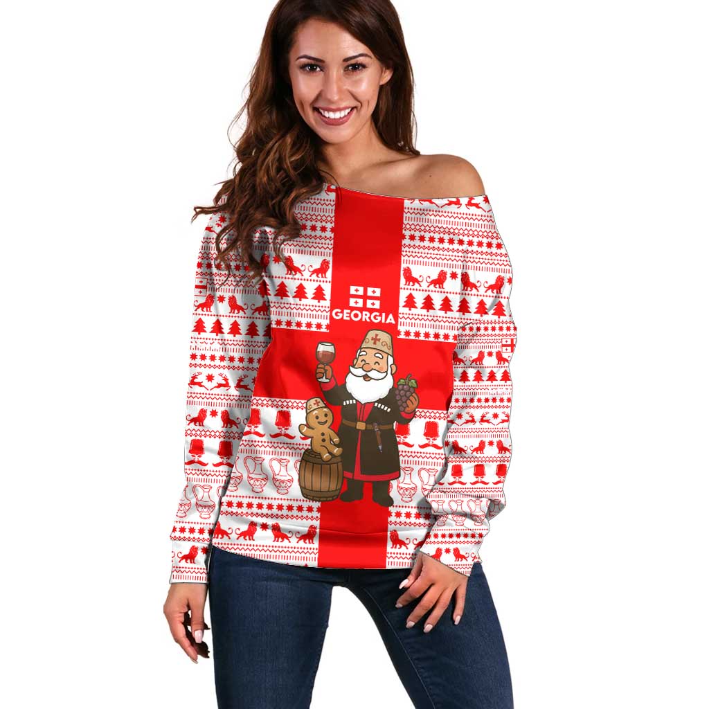 Georgia Christmas Off Shoulder Sweater with Santa in Chokha Wine Barrel Gingerbread and Coat of Arms Design - Wonder Print Shop